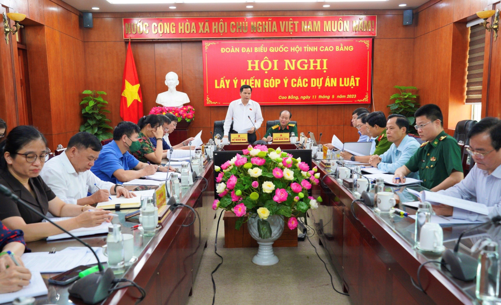 Phó Trưởng đoàn chuyên trách Đoàn đại biểu Quốc hội tỉnh Bế Minh Đức phát biểu tại hội nghị.
