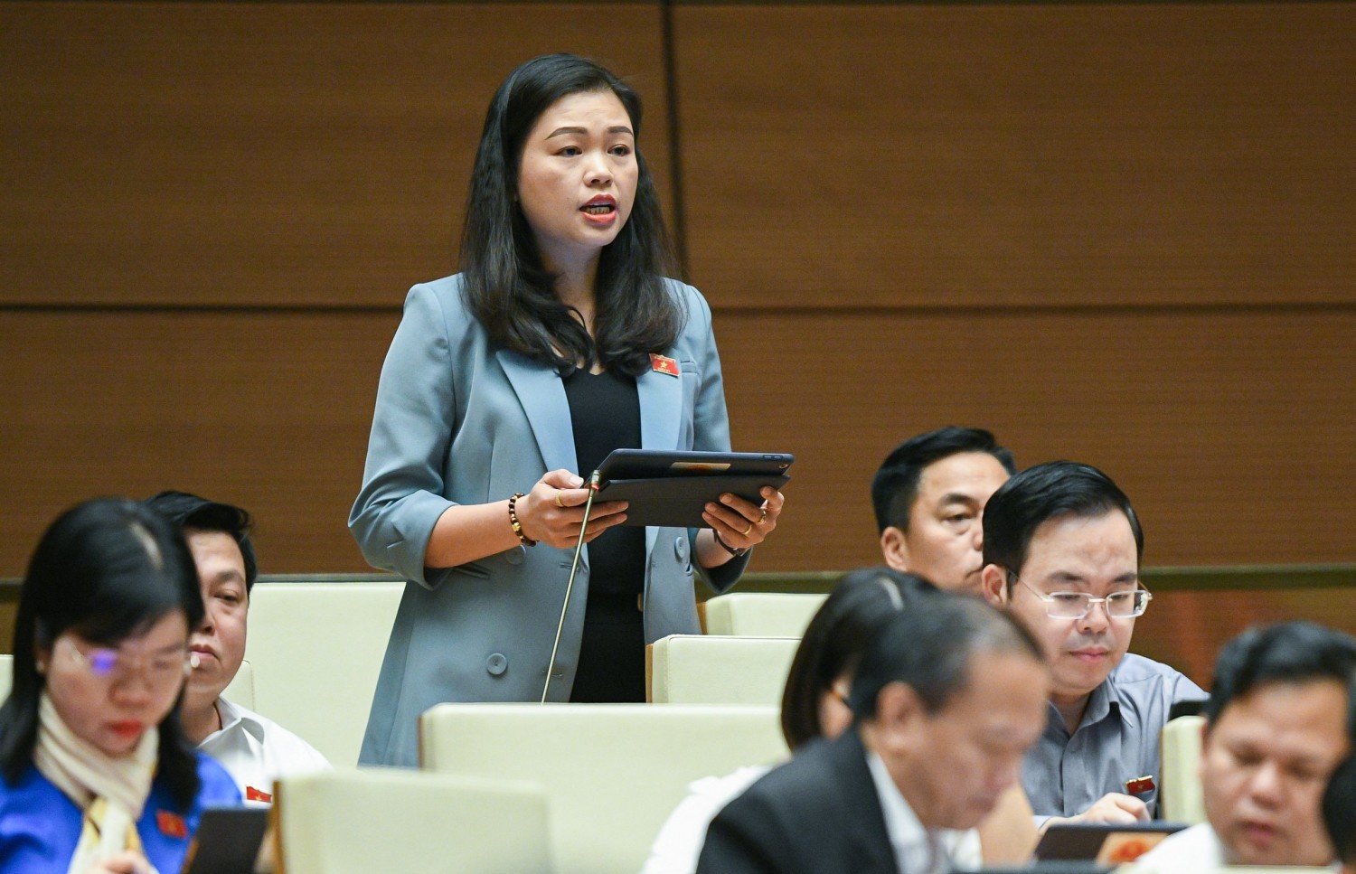Đại biểu Quốc hội tỉnh Đoàn Thị Lê An phát biểu tại hội trường về Dự án Luật Đấu thầu (sửa đổi).