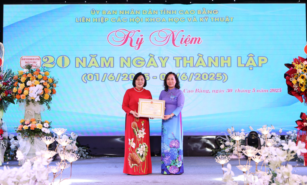 Phó Chủ tịch HĐND tỉnh Hà Nhật Lệ trao Bằng khen của UBND tỉnh tặng tập thể Liên hiệp các Hội Khoa học và Kỹ thuật tỉnh.