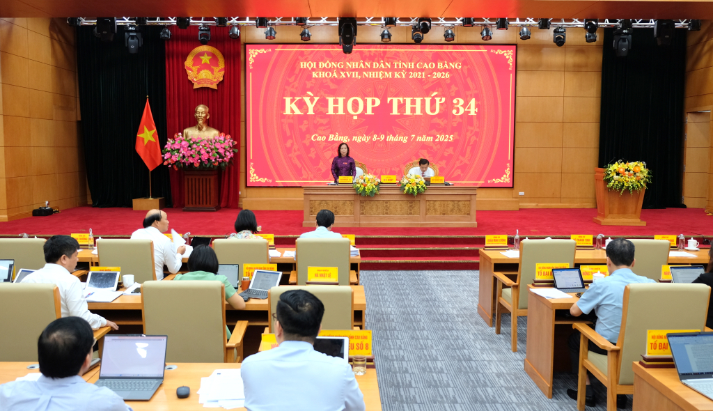 Phó Chủ tịch HĐND tỉnh Hà Nhật Lệ điều hành phiên họp thảo luận tại Hội trường ngày 09/7/2025