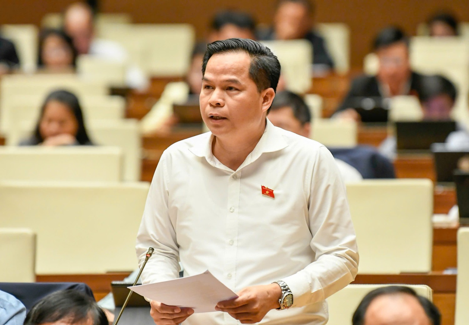 Đại biểu Bế Minh Đức, Phó trưởng Đoàn chuyên trách Đoàn ĐBQH tỉnh phát biểu thảo luận tại Hội trường