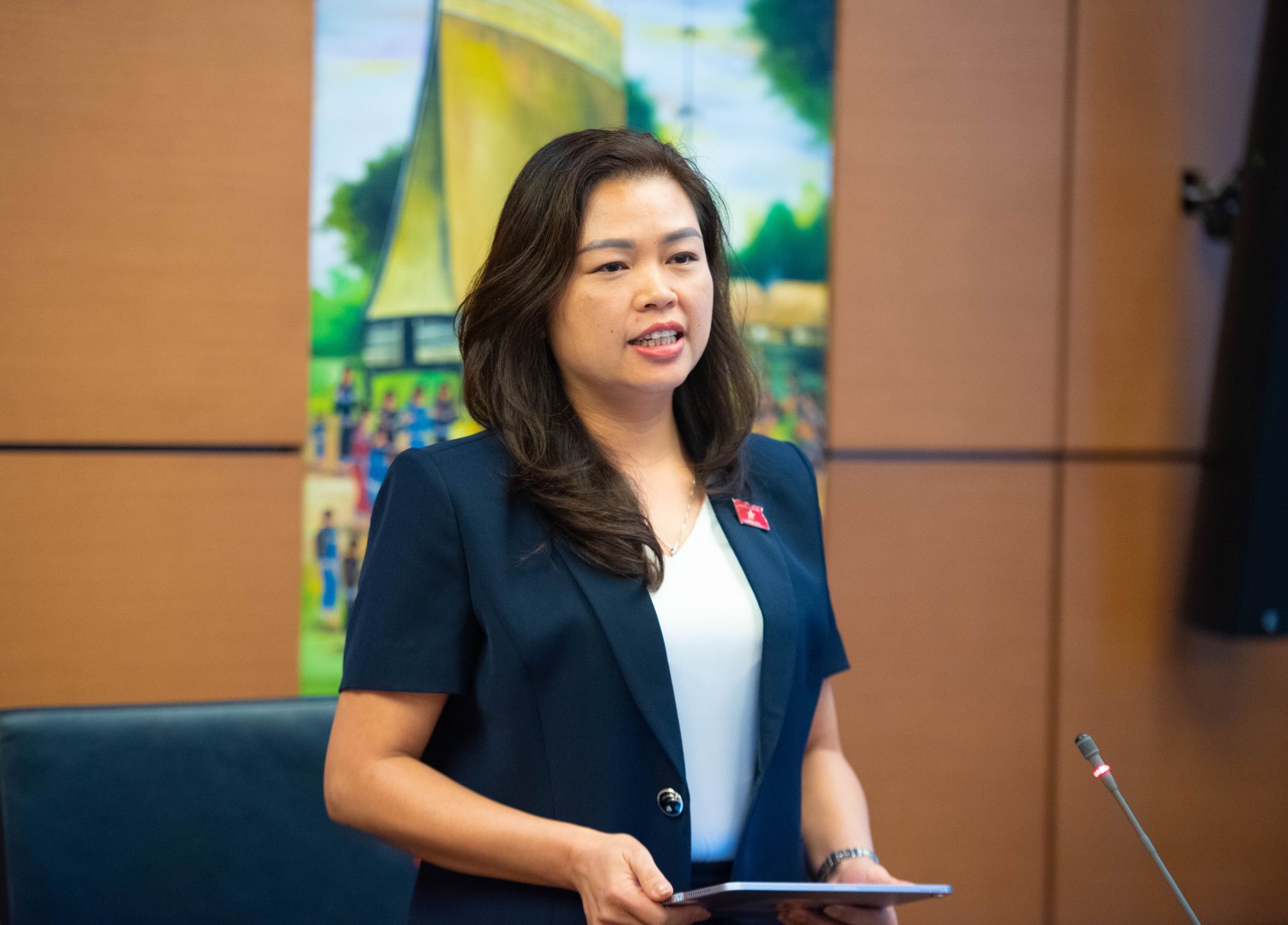 Đại biểu Đoàn Thị Lê An, Phó Chủ tịch Ủy ban Mặt trận Tổ quốc tỉnh, Chủ tịch Hội Liên hiệp Phụ nữ tỉnh phát biểu thảo luận tại tổ.